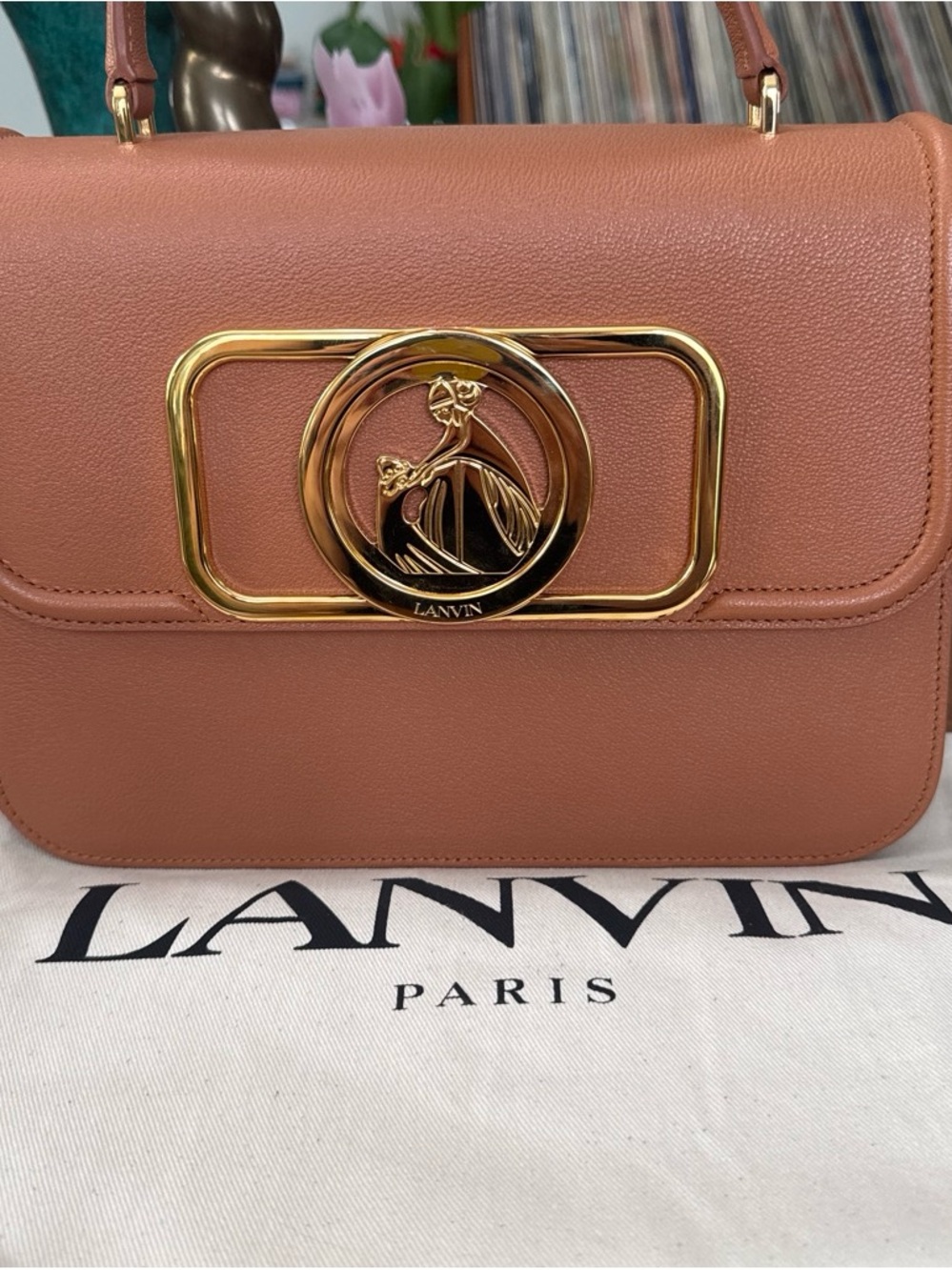 Lanvin Tan Leather Shoulder Bag with Gold Emblem